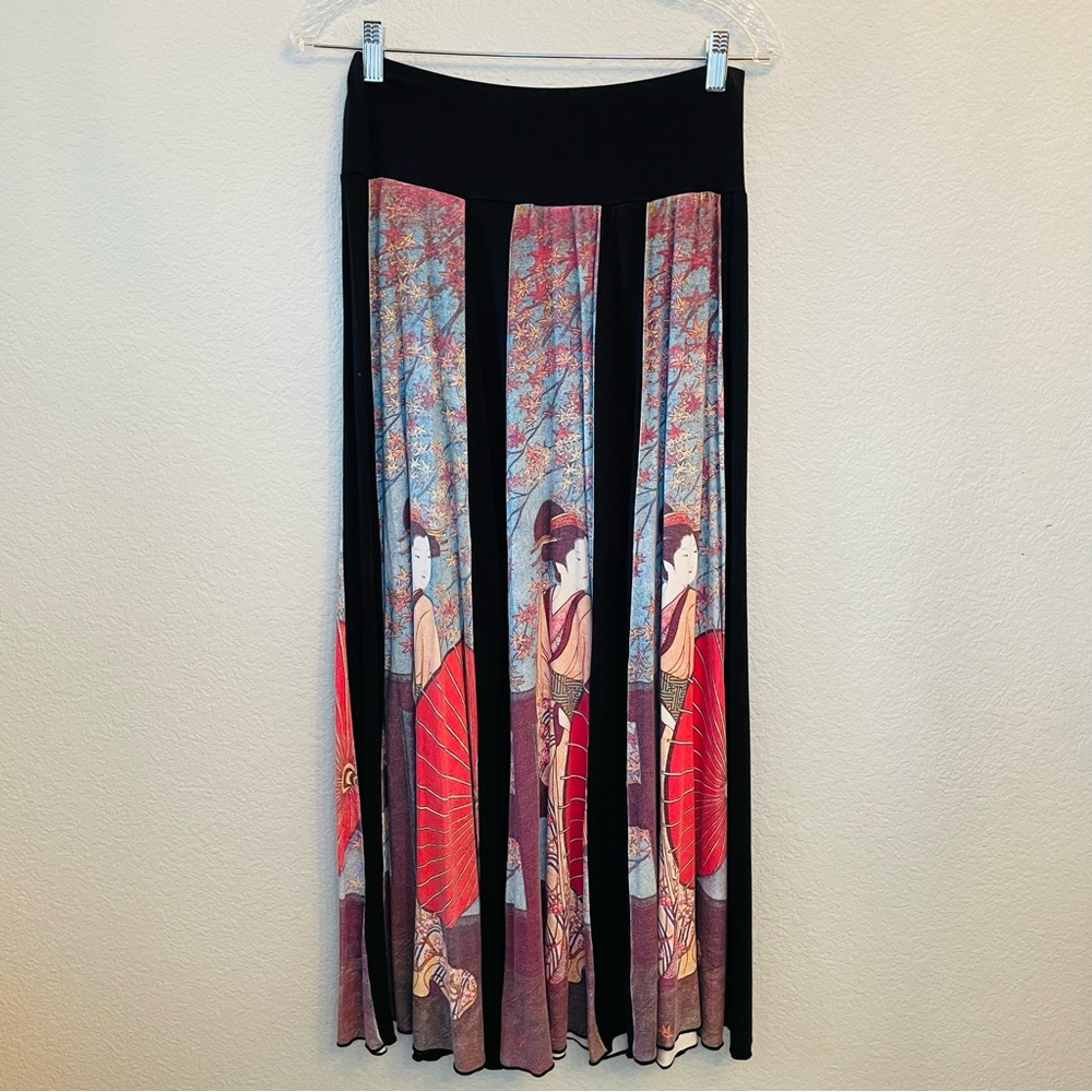 Eastern Serenity Black Red Geisha Print Flowy Stretchy Maxi Skirt | Medium